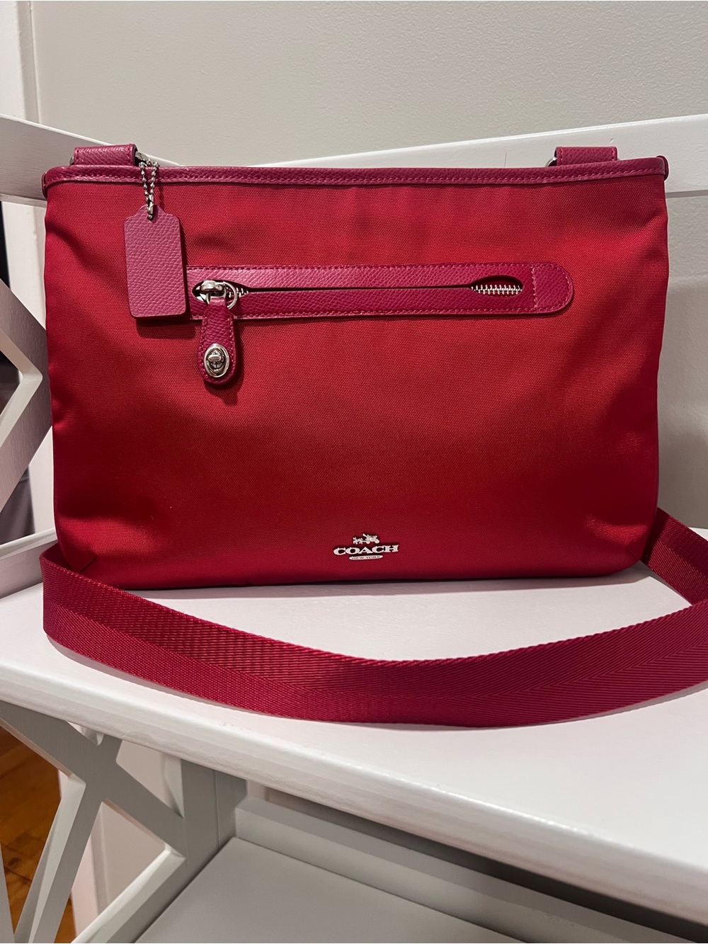 Coach Red Nylon Satchel Crossbody Bag with Red Leather Trim